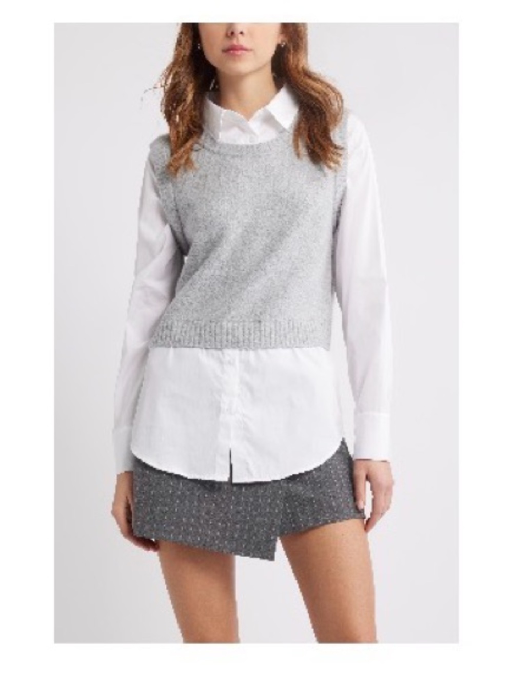 Open Edit Mixed Media Sweater | Gray Heather & White Layered Shirt Sweater